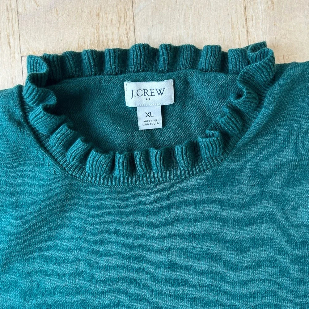 J. Crew Women’s 100% Cotton Ruffle Neck Sweater in Alpine Green Size XL EUC
